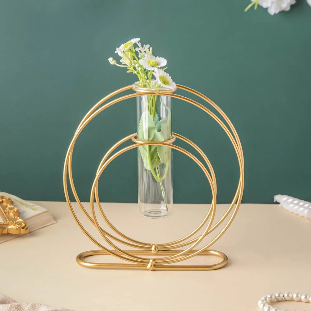 Next in Crafts Double Rings Glass Test Tube Flower Vase with Gold Round Metal Stand L-23cm W-7cm H-23cm | Finish Single Stem for Home and Garden (Under Ring)