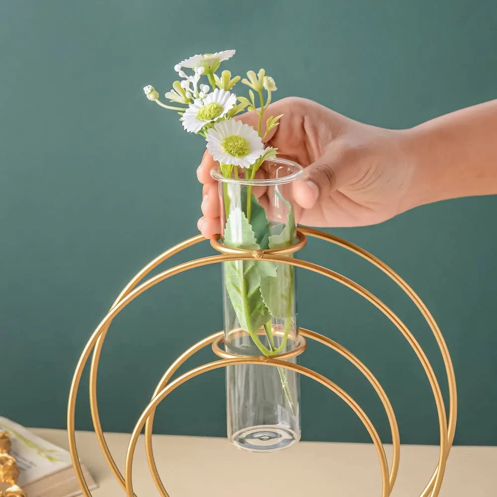 Next in Crafts Double Rings Glass Test Tube Flower Vase with Gold Round Metal Stand L-23cm W-7cm H-23cm | Finish Single Stem for Home and Garden (Under Ring)