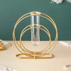 Next in Crafts Double Rings Glass Test Tube Flower Vase with Gold Round Metal Stand L-23cm W-7cm H-23cm | Finish Single Stem for Home and Garden (Under Ring)
