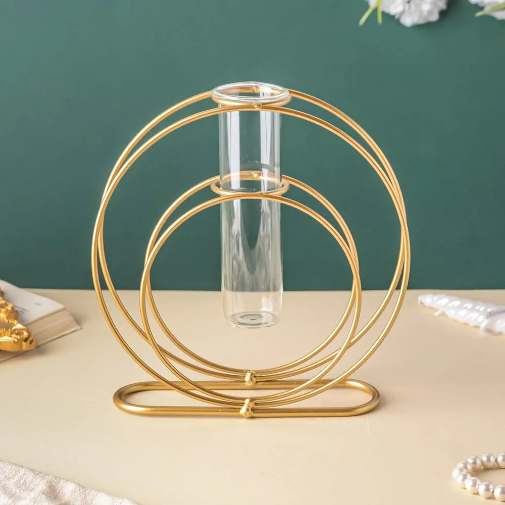 Next in Crafts Double Rings Glass Test Tube Flower Vase with Gold Round Metal Stand L-23cm W-7cm H-23cm | Finish Single Stem for Home and Garden (Under Ring)