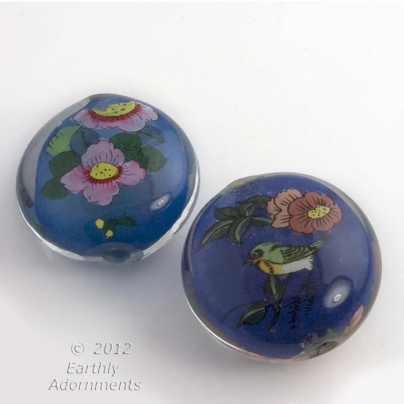 Reverse Painted Glass Bead, blue, with bird and flowers. 31x17mm. Pkg 1. b10-0008c
