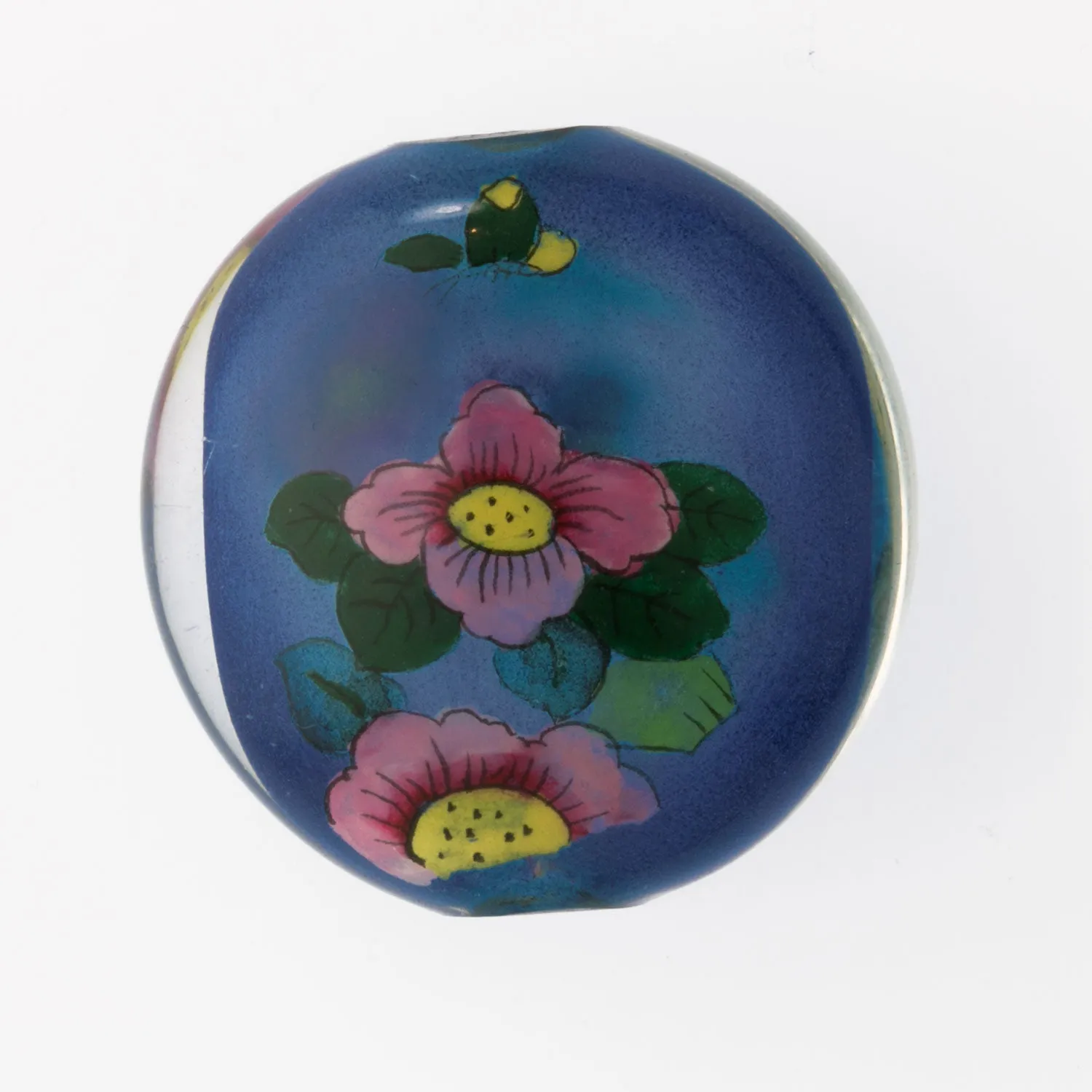 Reverse Painted Glass Bead, blue, with bird and flowers. 31x17mm. Pkg 1. b10-0008c