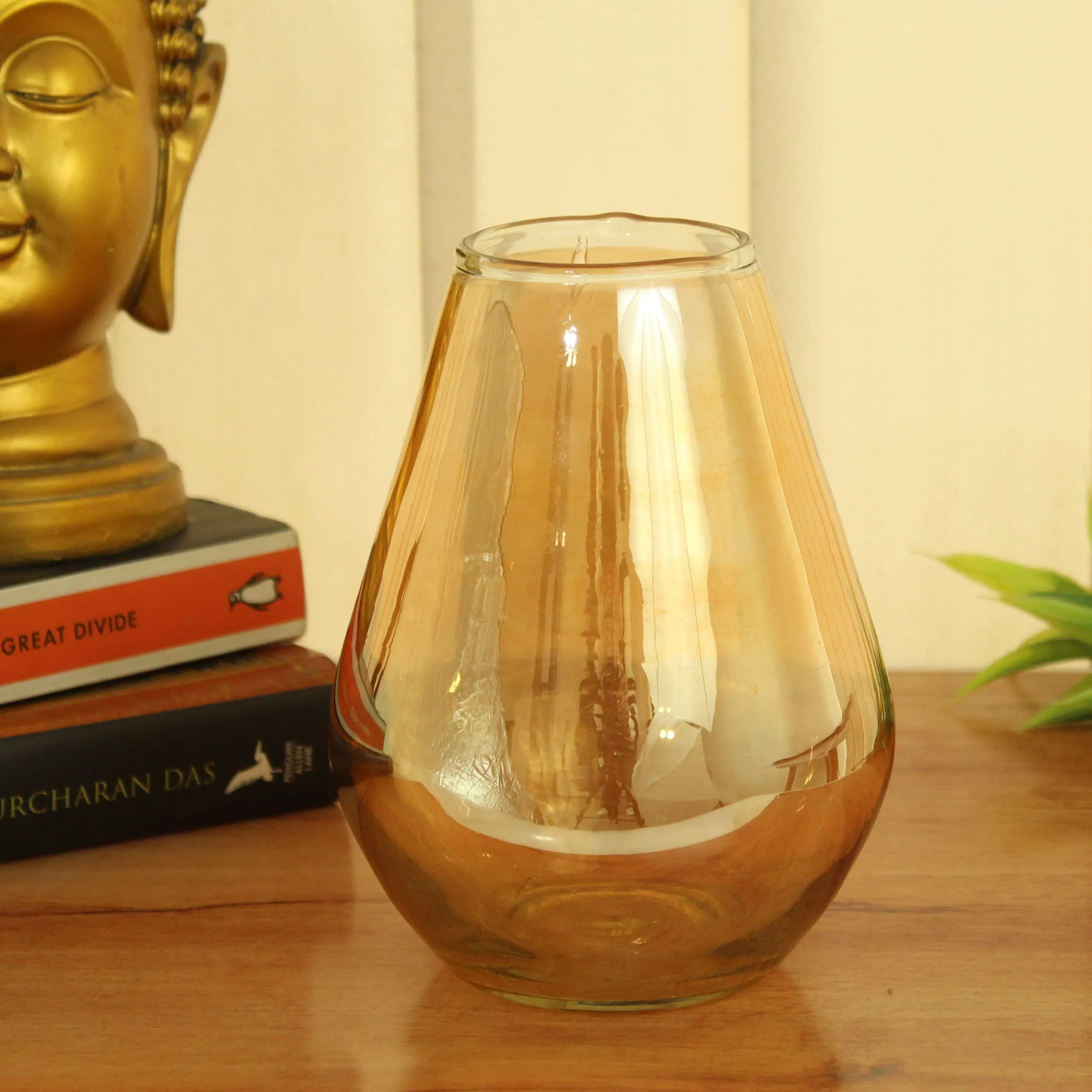 TIED RIBBONS Decorative Flower Glass Vase (Gold, 17 m x 7 cm) for Flowers Plants Home Decor Offiice Living Room Bedroom Hall Table Top Gifting Decorations Items