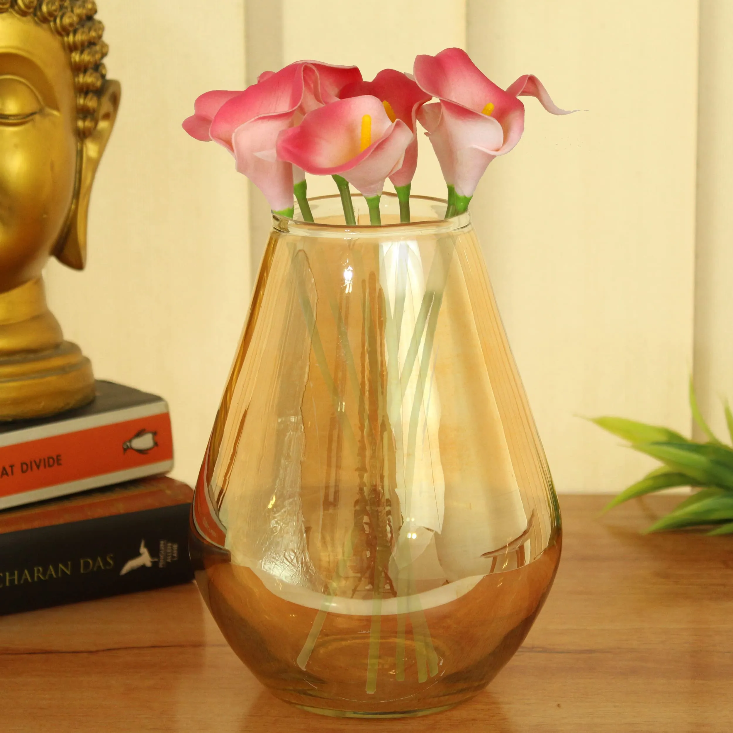 TIED RIBBONS Decorative Flower Glass Vase (Gold, 17 m x 7 cm) for Flowers Plants Home Decor Offiice Living Room Bedroom Hall Table Top Gifting Decorations Items