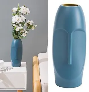 VRB DecTM 1Pcs Face Plastic Ceramic Vase, Flower Vase, Pampas Grass Vase,Vase for Flower,Vase for Plants,Vase Home Decor Centrepiece Decor for Home, Office,Living Room Decor Aesthetic (Blue Color)